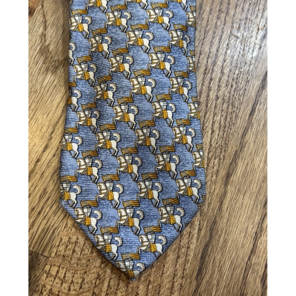 Ermenegildo Zegna Silk Tie Blue Horse Rider Equestrian Print 3.75" Made in Italy